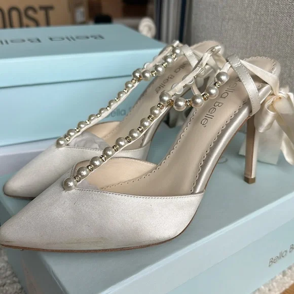 Bella Belle Lisbeth heels. Pearl T-Strap Ivory Heels with Ankle Wrap Bow - Picture 3 of 7